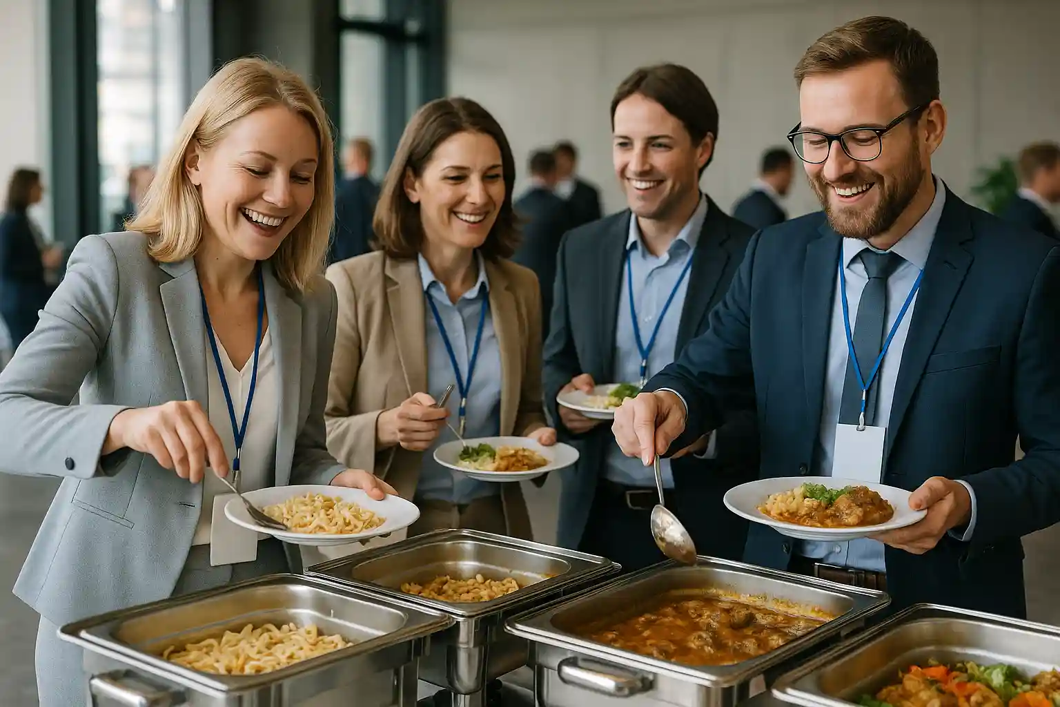 Business-Catering-Buffet mit Gästen bei einem Firmenevent in Düsseldorf