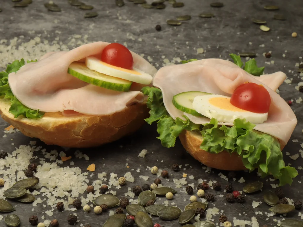 Belegtes Brötchen mit gekochtem Schinken, Ei, Gurke und Tomate als Fingerfood